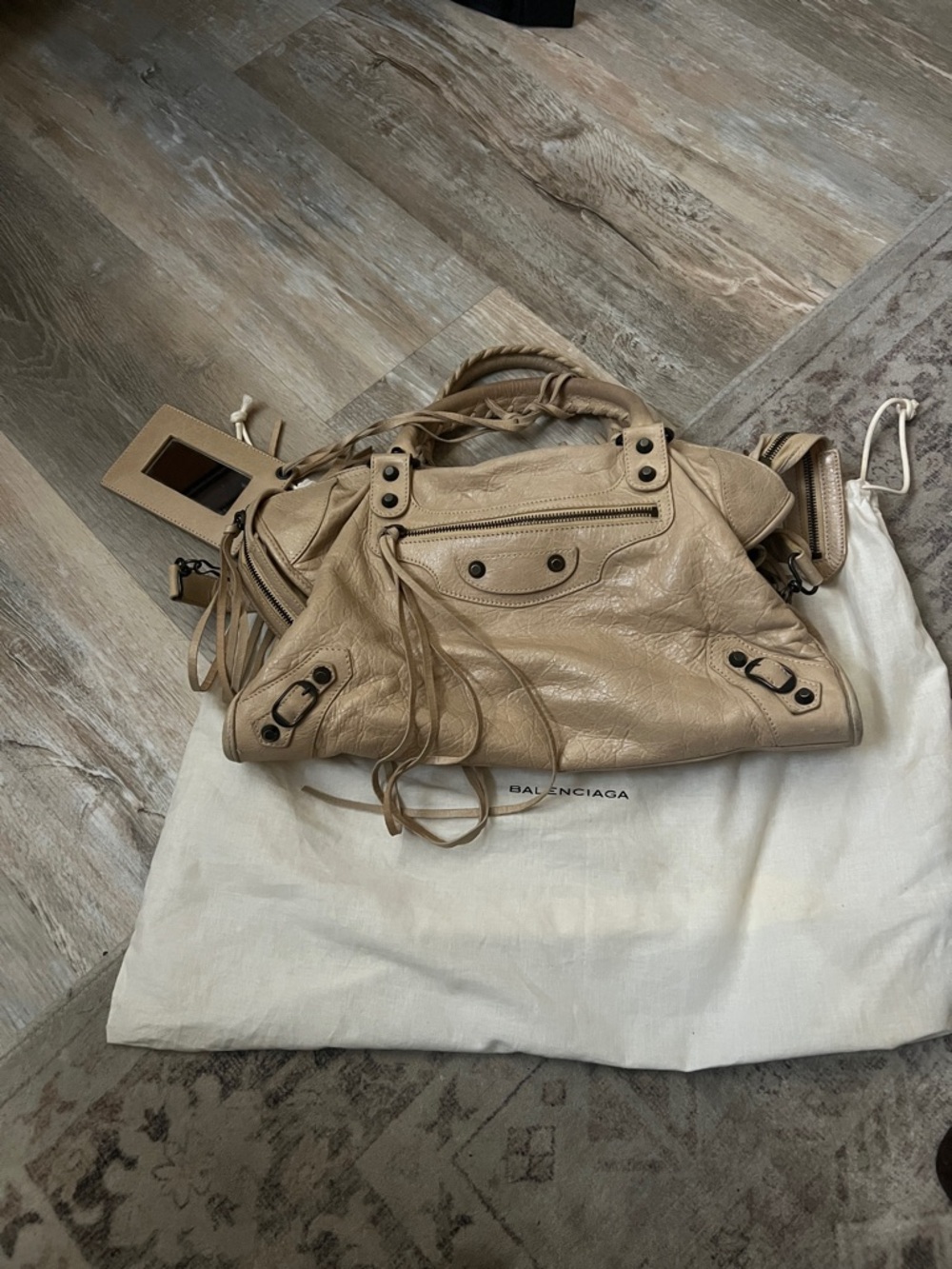 Balenciaga Beige Leather City Shoulder Bag with Tassel Details